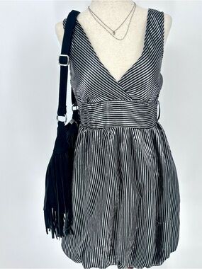 Black Grey Striped Babydoll Mini Dress Deep V Sleeveless Smocked Back